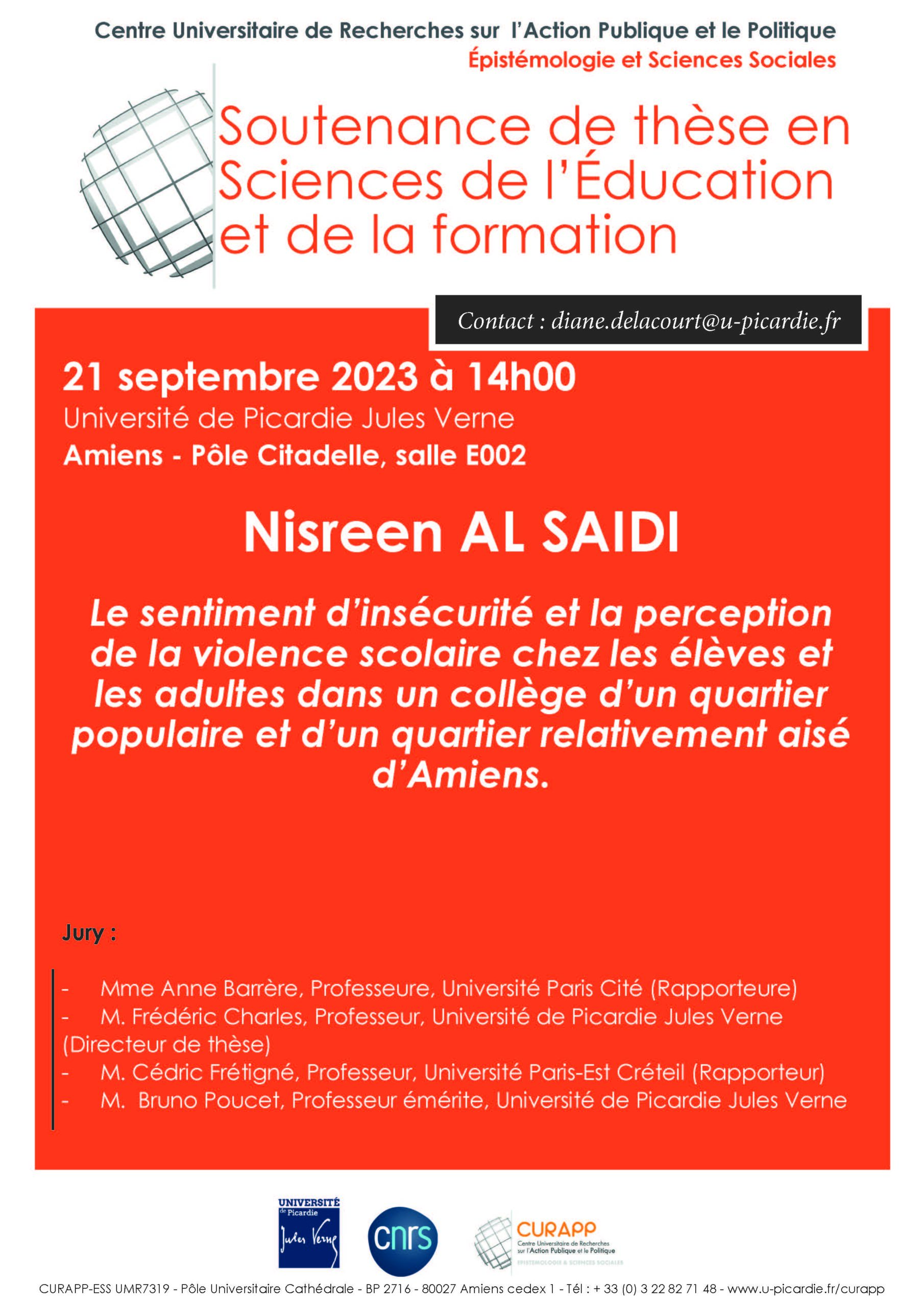 Soutenance de thèse de Nisreen AL SAIDI en Sciences de l’Éducation et de la formation