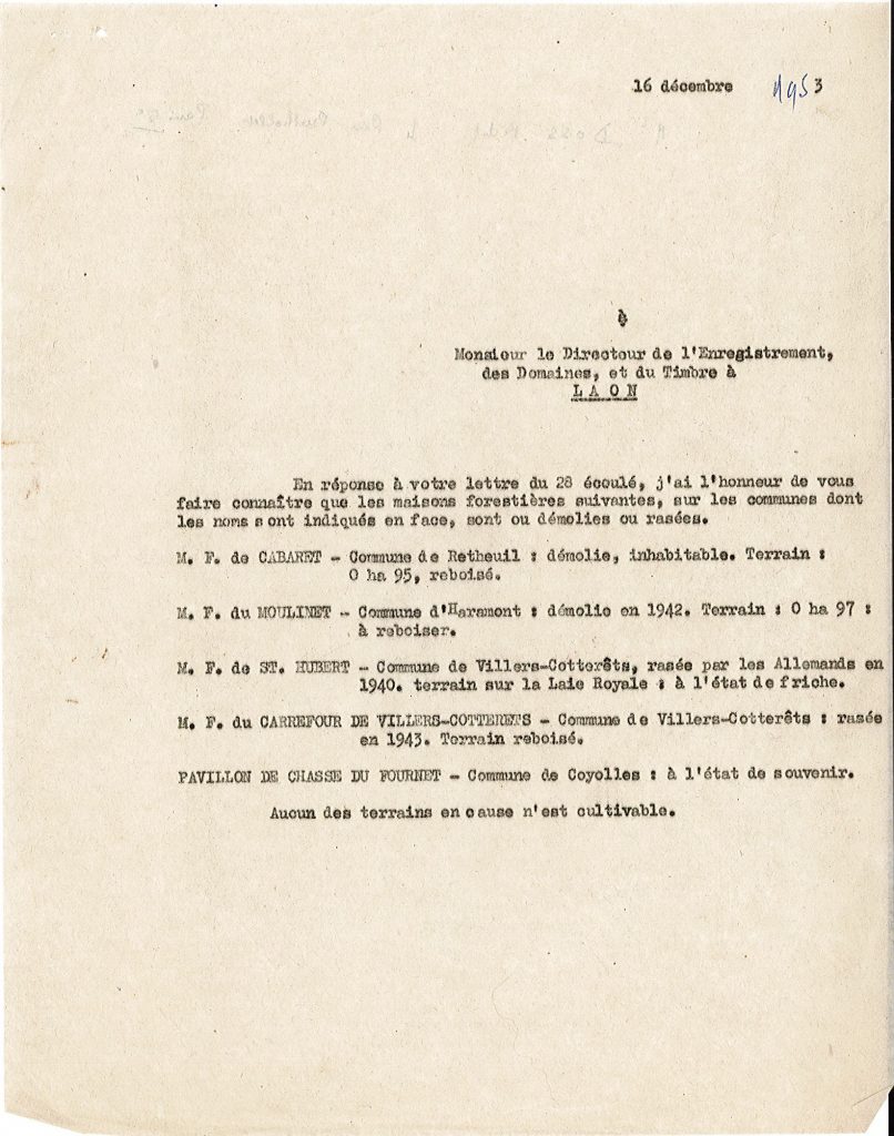 Lettre et inventaire des maisons forestières démolies ou inspectées