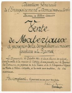 Ramée – Affiche sur la « Vente de matériaux à provenir de la démolition de la maison forestière de la Ramée »