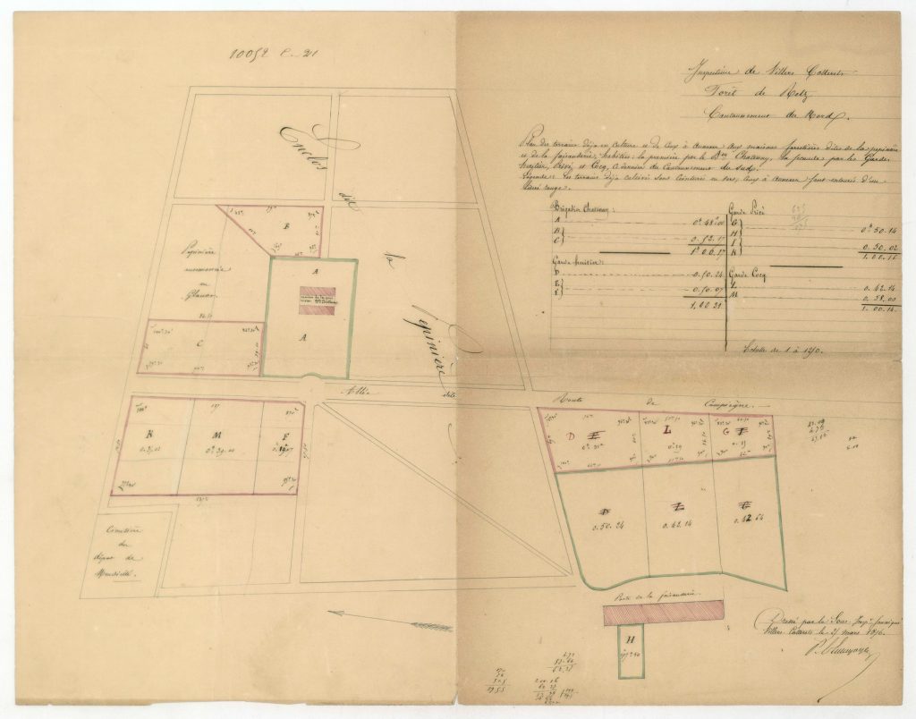 Plan des terrains en culture autour des maisons de la Faisanderie et de la Pépinière - archives de l'ONF