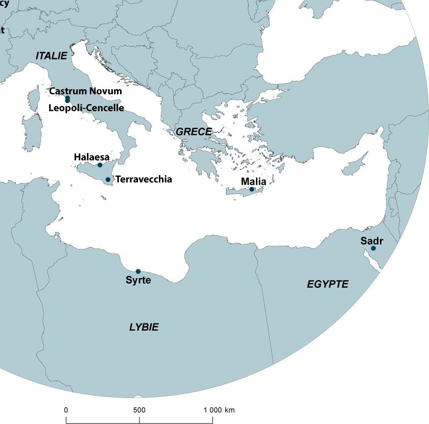 Localisation des sites archéologiques en France et dans le bassin méditerranéen (Émilie Gallet - Pauline Augé, Plateforme Humanités Numériques)